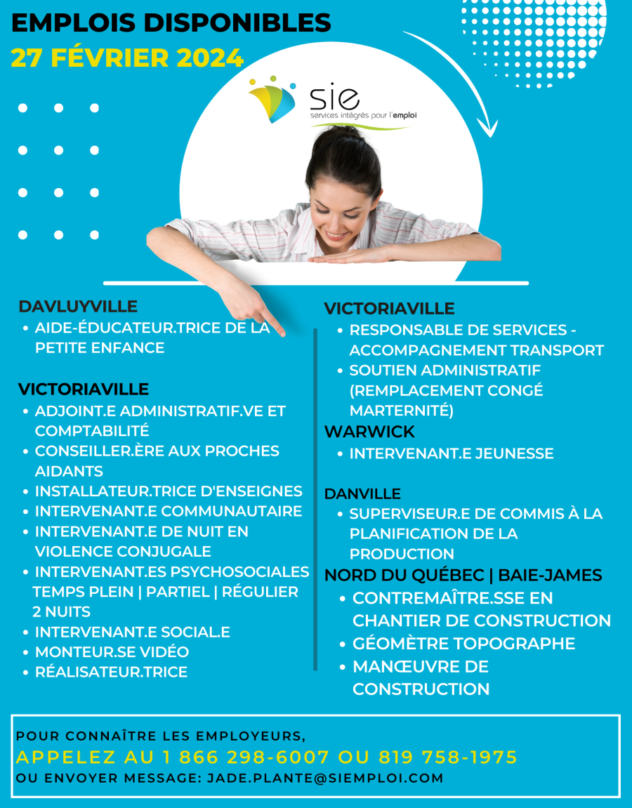 EMPLOIS DISPONIBLES | 27 FÉVRIER 2024