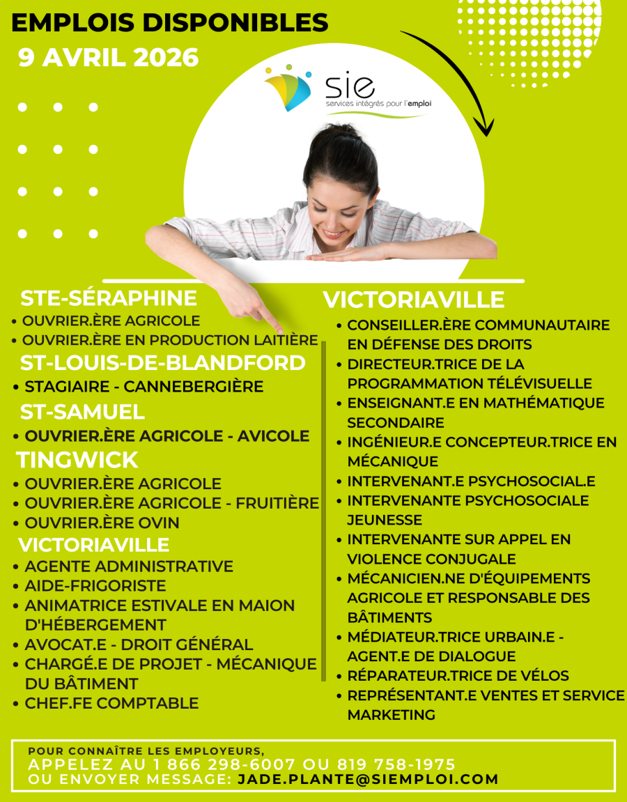 EMPLOIS DISPONIBLES | 9 AVRIL 2026